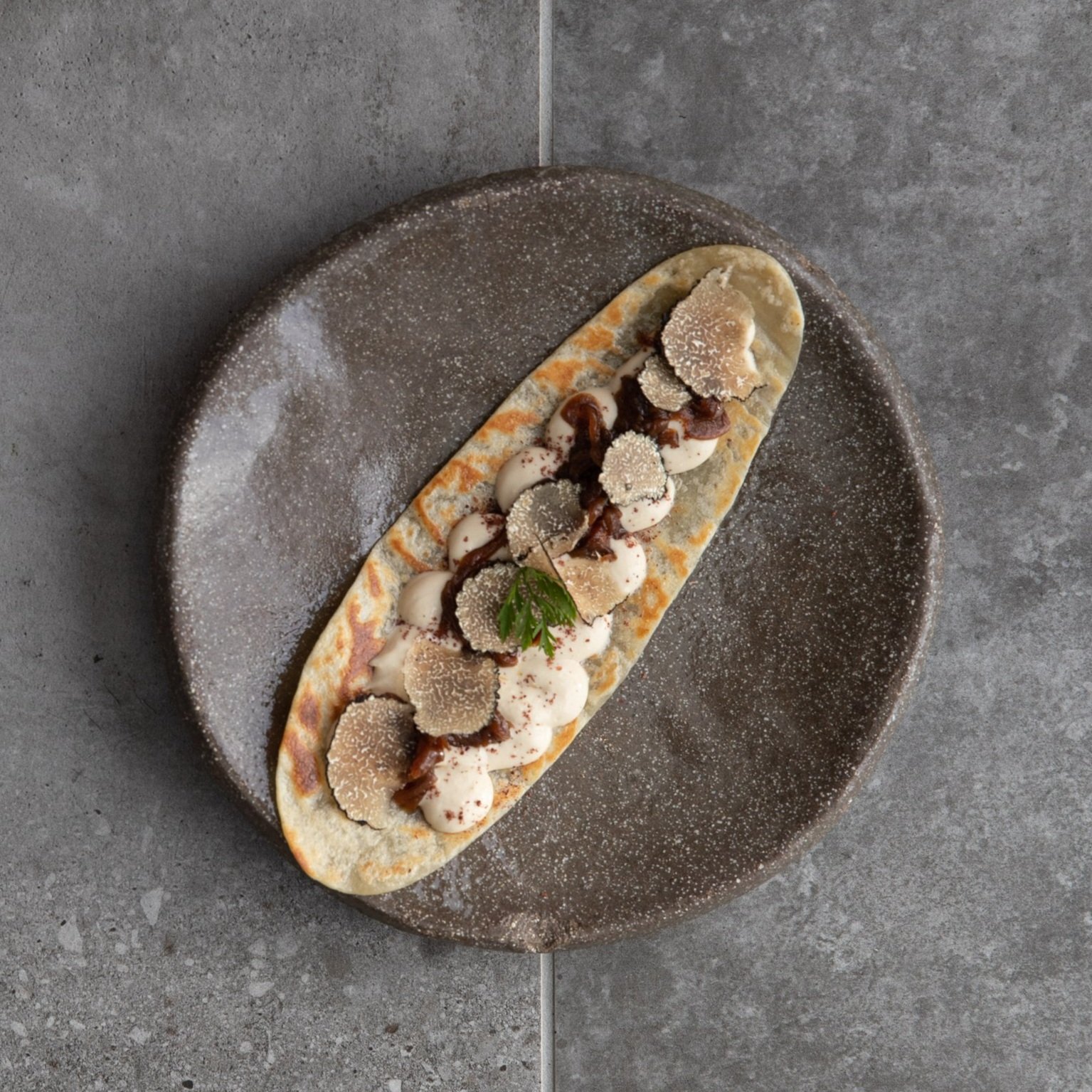 An artistic dish featuring a flatbread elegantly topped with dollops of creamy sauce, thinly sliced truffles, and a light dusting of seasoning, presented on a speckled gray plate against a textured gray background