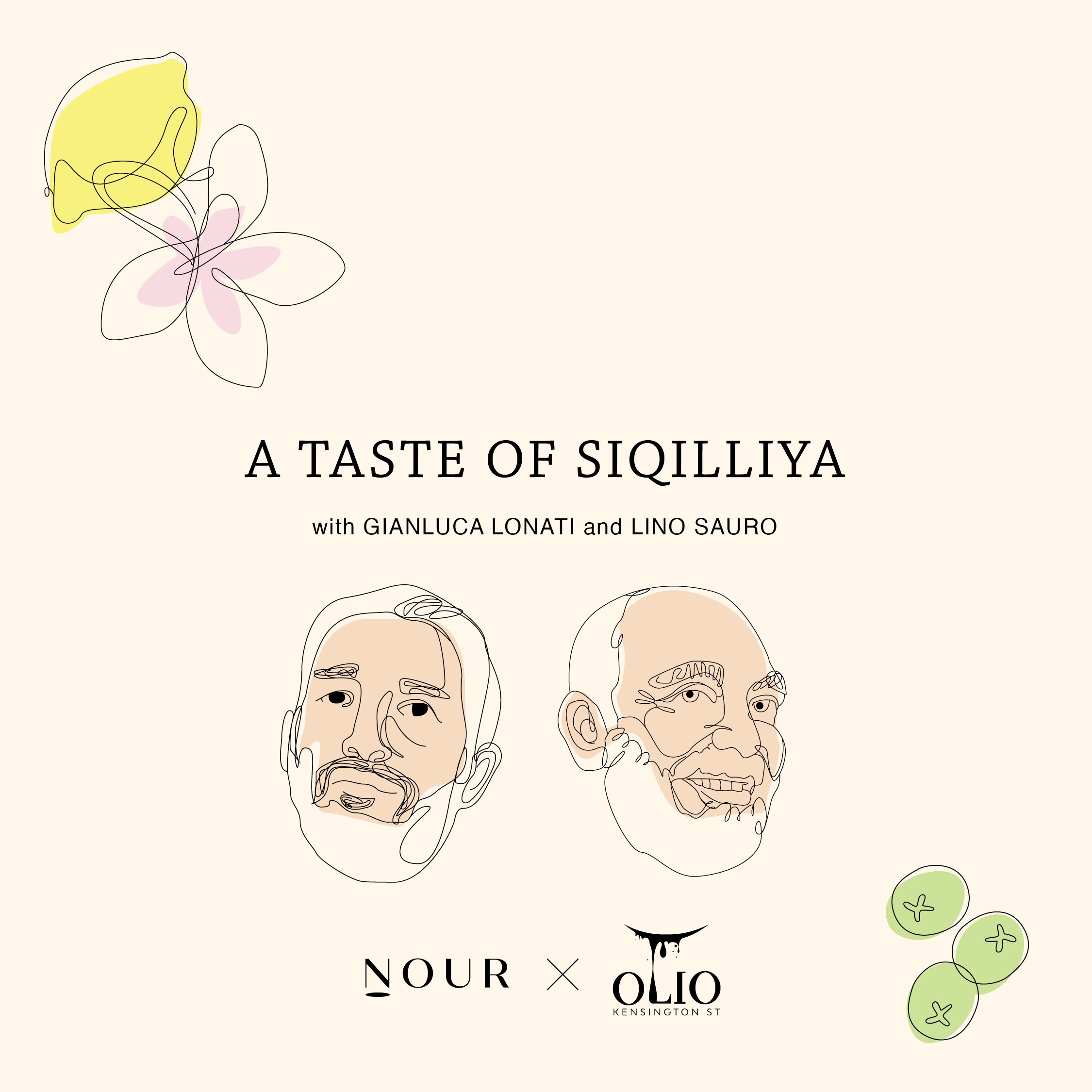 Promotional material for 'A Taste of Siqilliya' event featuring line-drawn portraits of chefs Gianluca Lonati and Lino Sauro, by Nour and Olio Kensington Street.