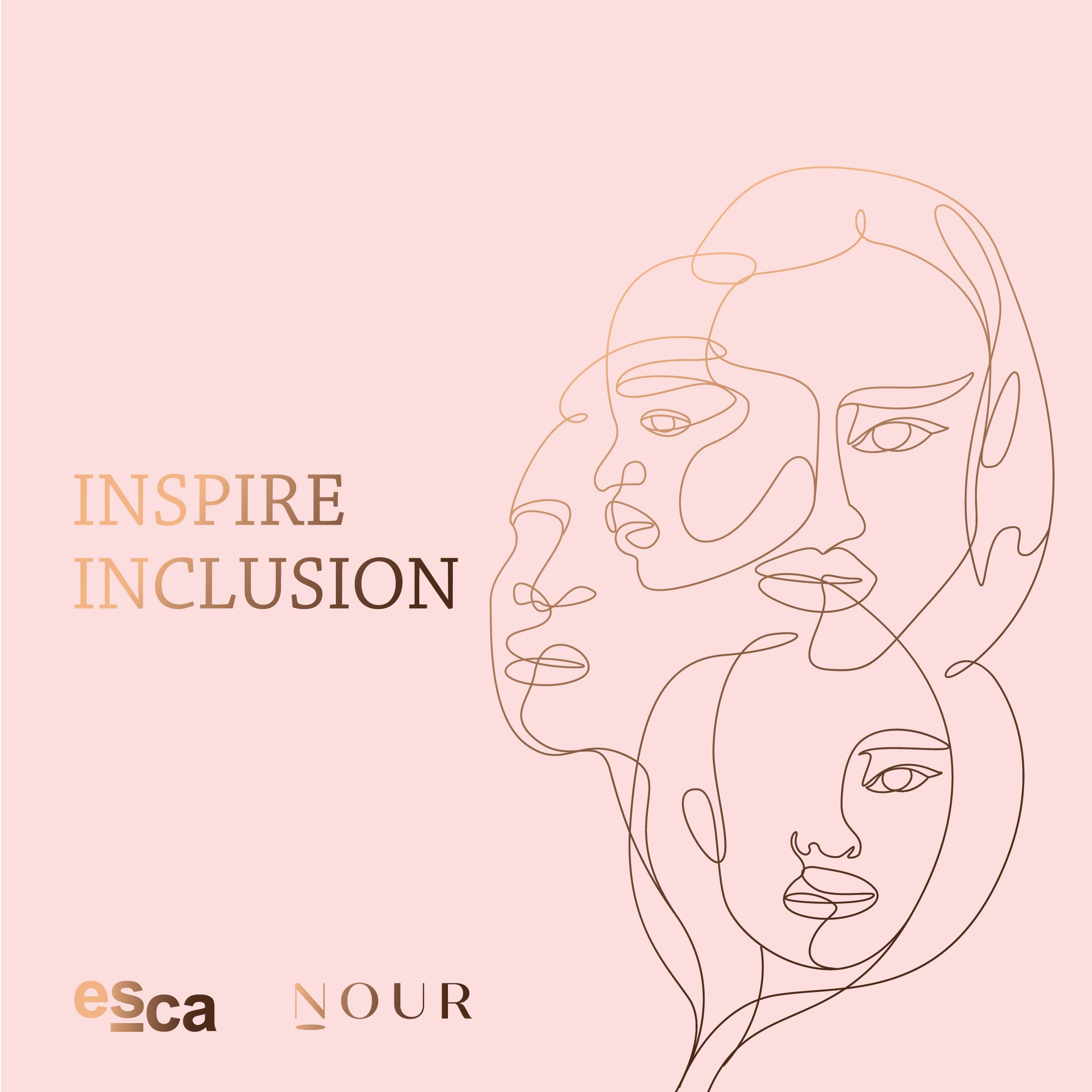 promotional material for NOUR Restaurant Sydney International Women's Day 8 March 2024 featuring lineart on a light pick background with text Inspire Inclusion