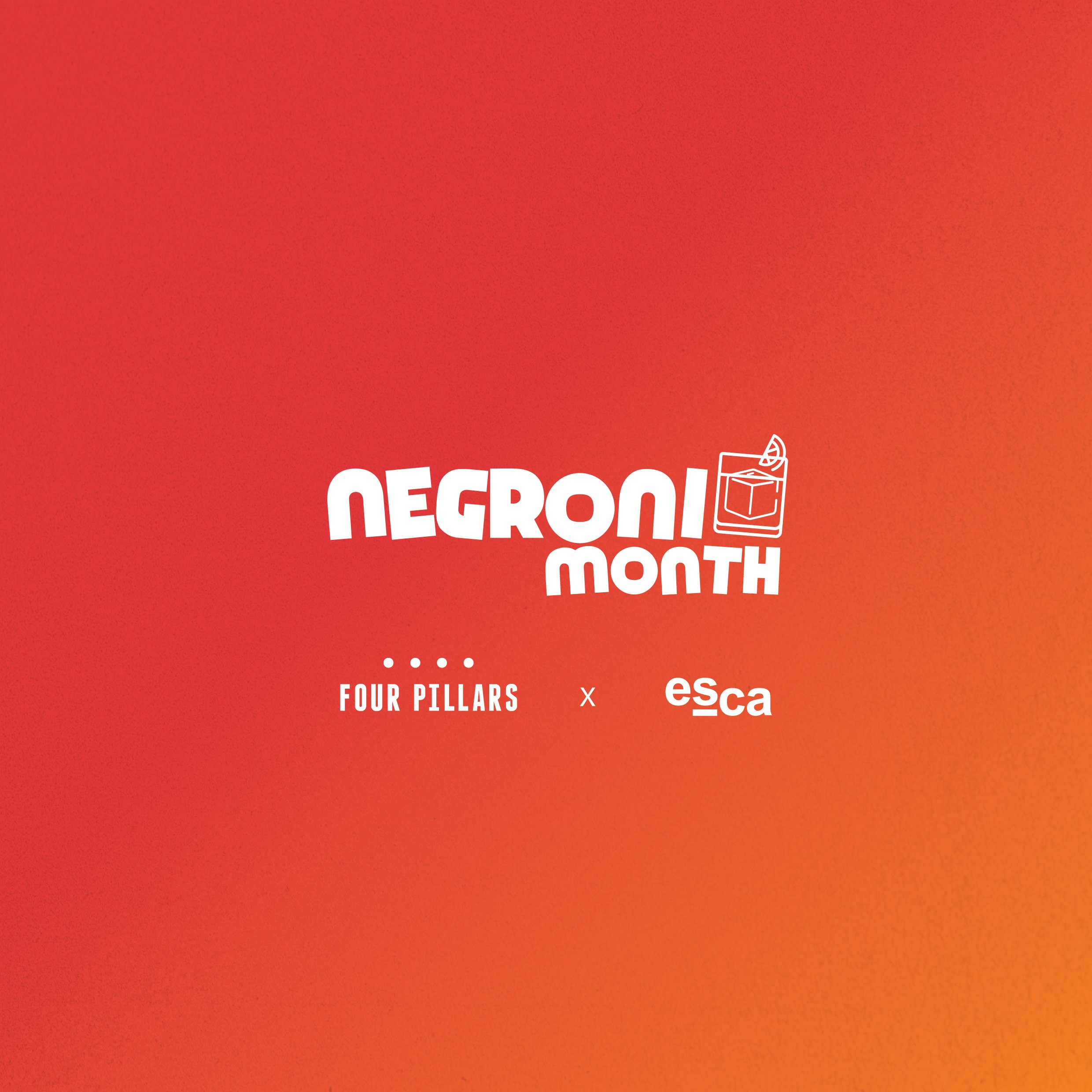orange and yellow gradient background with text Negroni Month featuring Four Pillars x ESCA